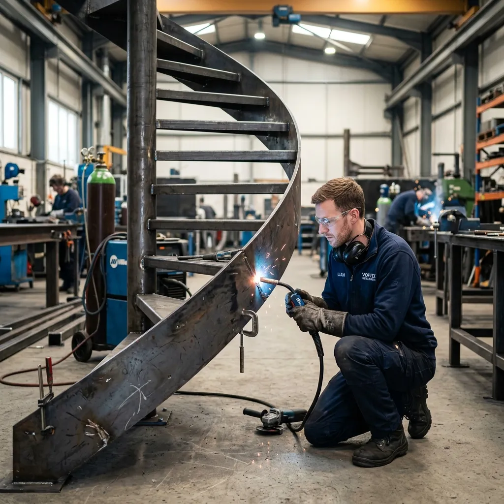 Loric Bacque en train de fabriquer un escalier métallique dans son atelier